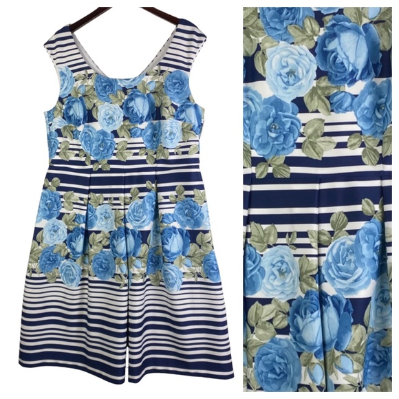 R&M Richards 16W 1X Dress Floral Striped Blue White Wedding Party Silky Stretch - Picture 1 of 4